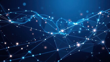 Abstract dark blue illustration shows network connections. Glowing lines, particles form complex structure. Tech concept suggests AI connectivity. Modern digital design suitable for tech science