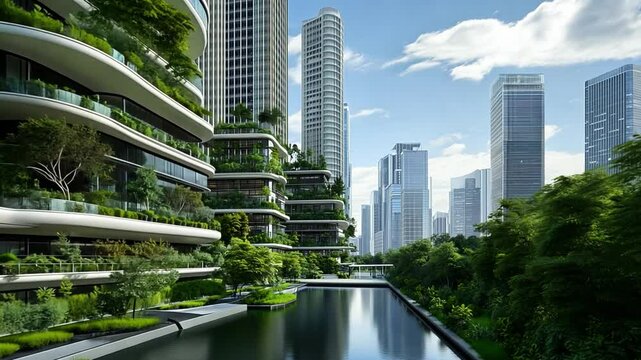 Innovative urban landscape with vertical gardens and modern architecture beside a tranquil waterway in daylight