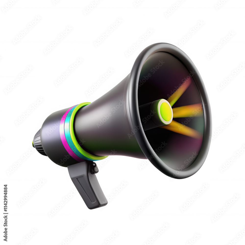 Poster a 3d rendering of a megaphone featuring a sleek black design and colorful accents. ideal for represe