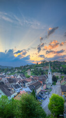 The City of Feldkirch in the State of Vorarlberg, Austria. View from the Schattenburg in twilight