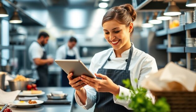 Chef uses tablet in modern kitchen. Staff members prepare food in background. Teamwork, tech in culinary arts. Digital menu order management. Pro environment, focused on food preparation, service. - Powered by Adobe
