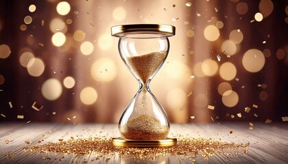 An hourglass set against a festive backdrop, with golden confetti scattered all around