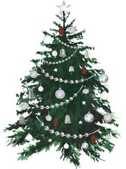 Watercolor Christmas tree with ornaments. Hand drawn illustration