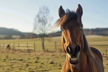 Obraz premium Horses grazing on a tranquil farm with lush fields and a rustic barn in view