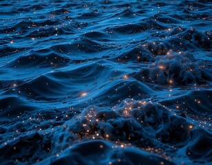A dynamic texture of rippling water with glowing bioluminescent particles scattered across its surface