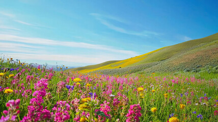 Fototapeta premium A lush meadow bursting with vibrant wildflowers in shades of pink, yellow, and purple, bordered by gently rolling hills under a bright blue sky, creating a picturesque spring scene.