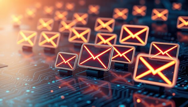 Futuristic email icons glow on abstract digital board. Tech interface concept for email communication. Neon lights, glowing design elements represent innovative communication. Abstract circuit board