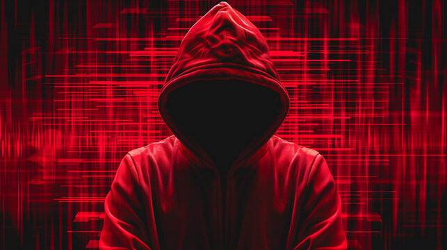 Silhouette encapuchonn&eacute;e avec visage masqu&eacute; dans un d&eacute;cor num&eacute;rique rouge.
