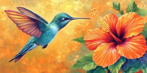 A vibrant hummingbird with iridescent feathers hovers next to an orange hibiscus flower against a warm, golden background depicting a tropical atmosphere. Generative AI