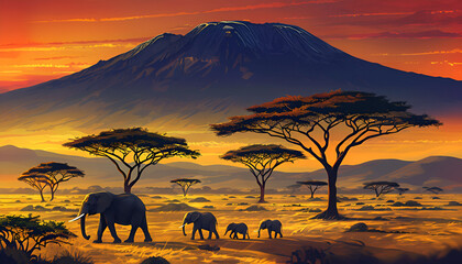 Fototapeta premium elephants at sunset