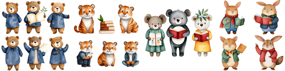 Obraz premium Cute animal characters reading books in various poses and outfits, isolated on transparent background.