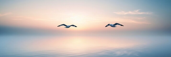 Obraz premium Seagulls flying over calm waters at sunrise with pastel colors in the sky