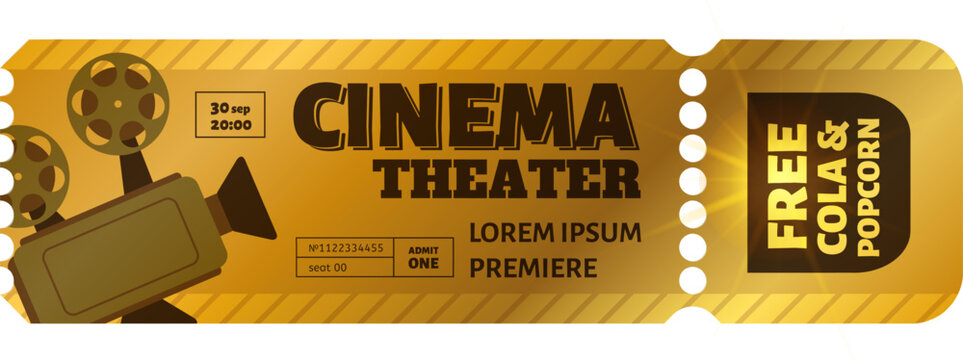 Cinema ticket inviting to a premiere with free cola and popcorn, featuring a vintage movie camera and information about date, time, seat number and offer