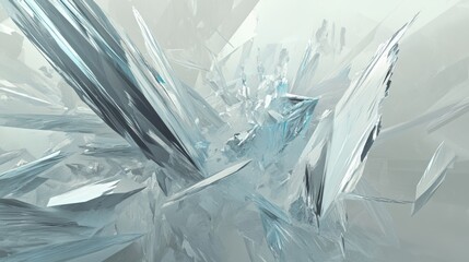Obraz premium Sharp, angular fragments of icy white, frosty silver, and pale blue forming intricate crystalline patterns, resembling shattered frozen surfaces and fractured glass with a delicate yet powerful textur