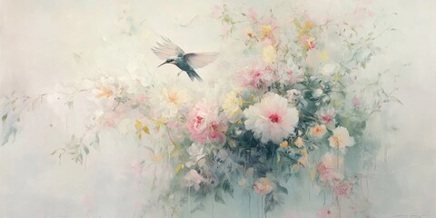 A vibrant hummingbird flits among delicate pastel flowers, creating a tranquil atmosphere in a lush spring garden, bursting with color and life. Generative AI
