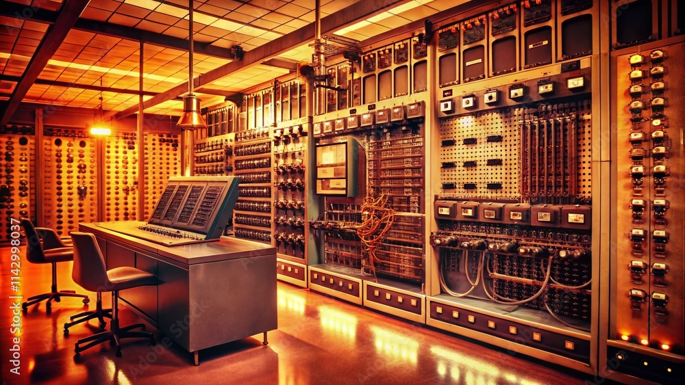 Poster vintage computing: retro tech integration, old computer systems, classic digital age, integrated cir