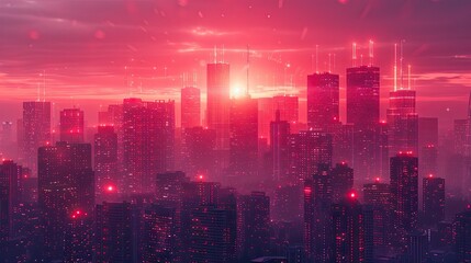 Fototapeta premium A futuristic cityscape bathed in pink and red hues, showcasing digital elements and skyscrapers.