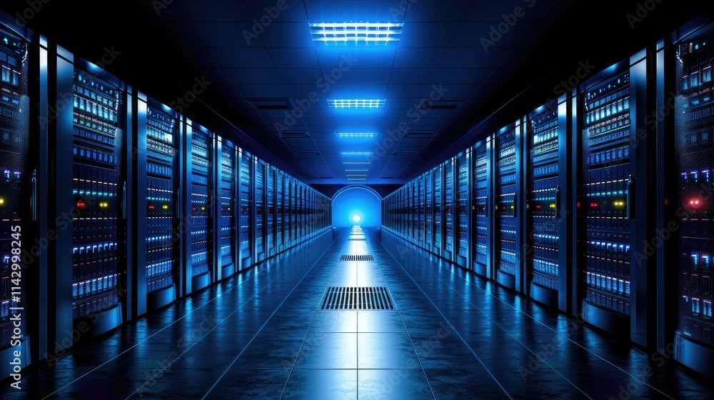 Poster a futuristic data center with rows of servers illuminated by blue lights.
