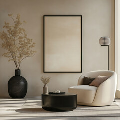 Interior design of living room with mock up poster frame, modern black coffee table, beige sofa, vase with rowan, rounded shapes armchair, pouf. lamp and personal accessories. Home decor. 