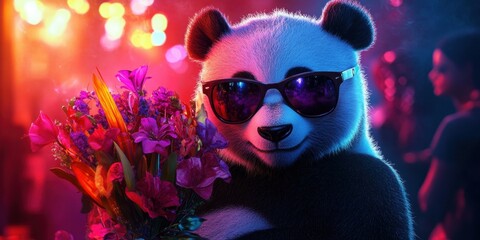 Fototapeta premium A panda in sunglasses stands confidently with a bouquet of colorful flowers at a vibrant, energetic party filled with bright lights and lively atmosphere. Generative AI