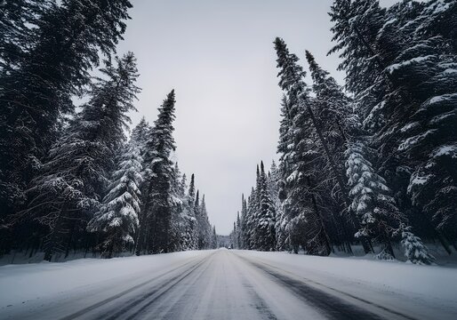 snow covered road in middle of forest, north, canada