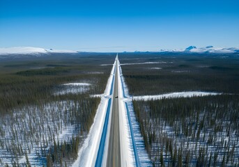 snow covered road in middle of forest, north, canada