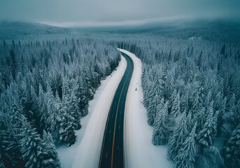 snow covered road in middle of forest, north, canada