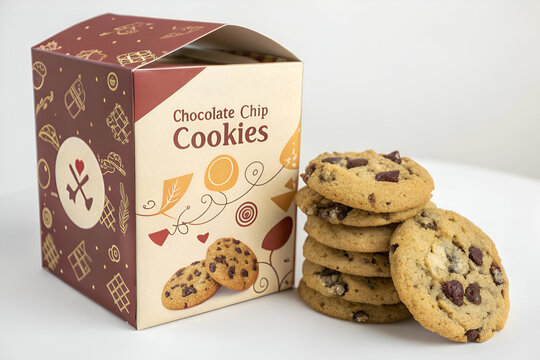 A box of chocolate chip cookies with several cookies stacked beside it, showcasing a delicious treat perfect for snacking or sharing.