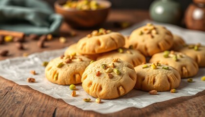 Indian nankhatai cookies decorated with cardamom and pistachios. Baked treats stacked on parchment paper. Sweet and delicious snack. Homemade or bakery style. A traditional Indian dessert or snack.