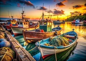 Fototapeta premium Vintage Fishing Boats, Old Wooden Boats, High Resolution, Deep Depth of Field, Nautical Photography, Classic Fishing Vessels, Ocean Boats, Seascape, Harbor, Coastal Scene, Retro Fishing