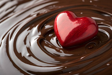 A glossy red heart floats serenely in a pool of rich, melted chocolate, creating a romantic and indulgent visual.