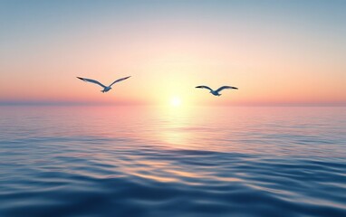 Obraz premium Seagulls flying over a calm ocean during a colorful sunset at twilight