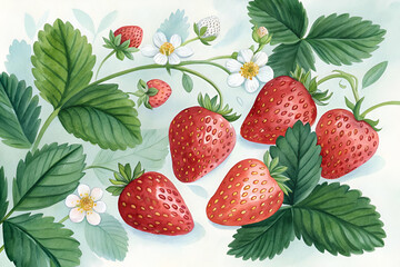 A vibrant illustration of fresh strawberries surrounded by green leaves and delicate white flowers against a soft background.