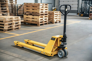 A yellow pallet jack is positioned on a warehouse floor, surrounded by stacks of wooden pallets, showcasing an organized storage area.