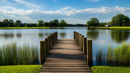 Obraz premium Wisconsin Lakeside Park with grassy shores and wooden piers, peaceful Midwest escape