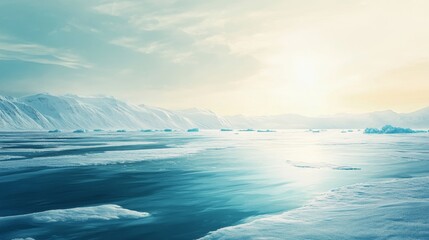 Obraz premium Frozen Arctic landscape with flat ice surface. Background of winter ocean with glacier. Vector cartoon illustration of antarctic ocean or winter lake with blue ice.