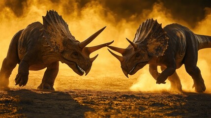 Fototapeta premium Two Triceratops dinosaurs face off in a fiery dust cloud.
