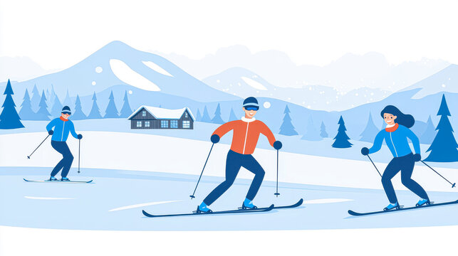 A vibrant and playful cartoon illustration of a ski resort, featuring animated skiers gliding down snowy slopes. The scene includes cozy lodges nestled in the snowy mountains, surrounded by a festive.