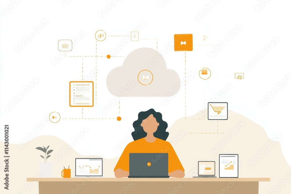 Poster a person sitting at an office desk, working on their laptop with multiple digital devices connected 