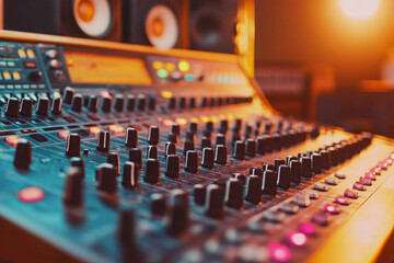 Mixing console with faders and knobs in a professional recording studio 
