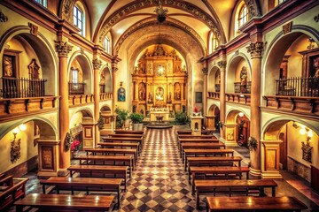 Obraz premium Vintage Jalisco Church Interior: San Pablo Las Fuentes Altar & Pews