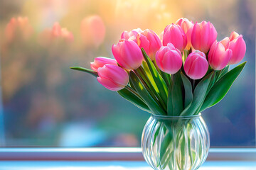 Vibrant pink tulips in a glass vase illuminated by soft natural light near a window