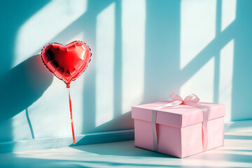 Red heart-shaped balloon and pink gift box with ribbon in soft natural light and shadows