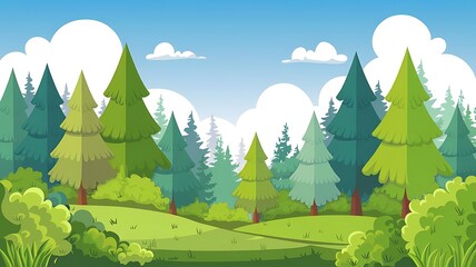 Fototapeta premium Bright and Vibrant Vector Illustration of a Dense Evergreen Forest with Pine Trees, Bushes, and Gentle Hills