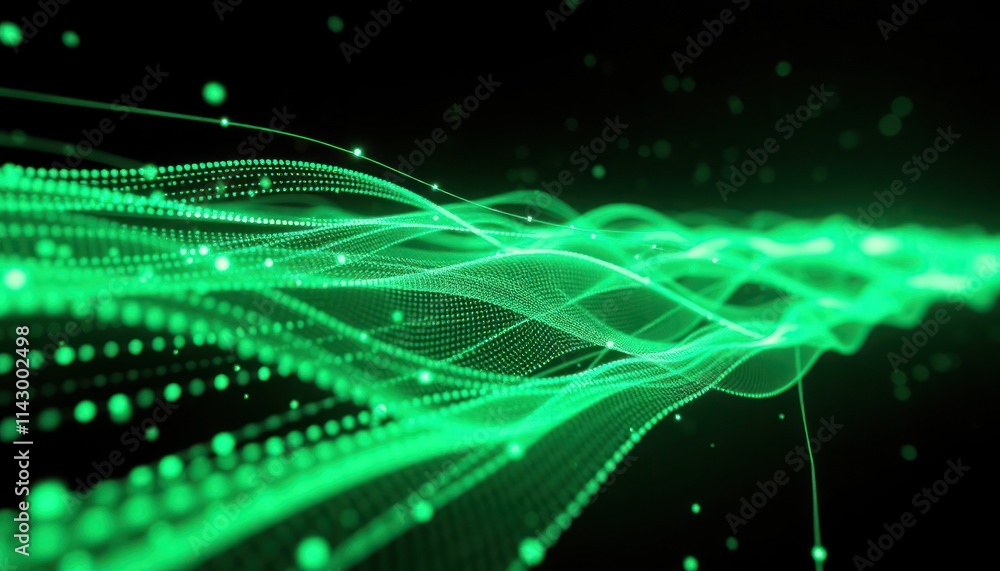Poster abstract digital data flow visualization. green lines, points move dynamically on black background. 