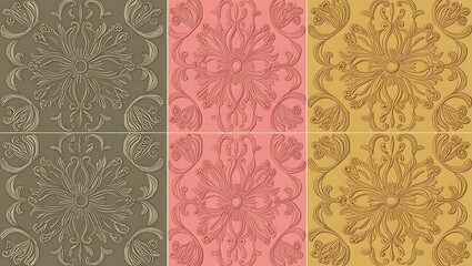 An elegant vintage background features ornate floral patterns in muted green, pink, and yellow tones, creating a timeless and symmetrical design perfect for decorative or artistic use