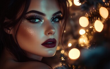 A glamorous woman with smoky black eyeliner, silver glitter eyeshadow, and matte burgundy lips, framed by a glowing Christmas tree in a cozy living room
