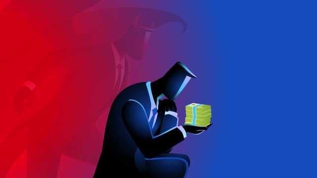 Businessman holding cash, looking pensive, while Satan whispers in his ear, symbolizing the struggle between greed and morality. Perfect for business ethics and financial temptation themes