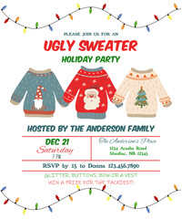 New year's Eve party invitation ugly sweater. Invitation with text. Vector illustration