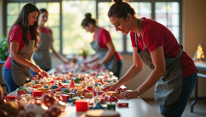 Women preparing festive decorations and gifts on table in creative workshop